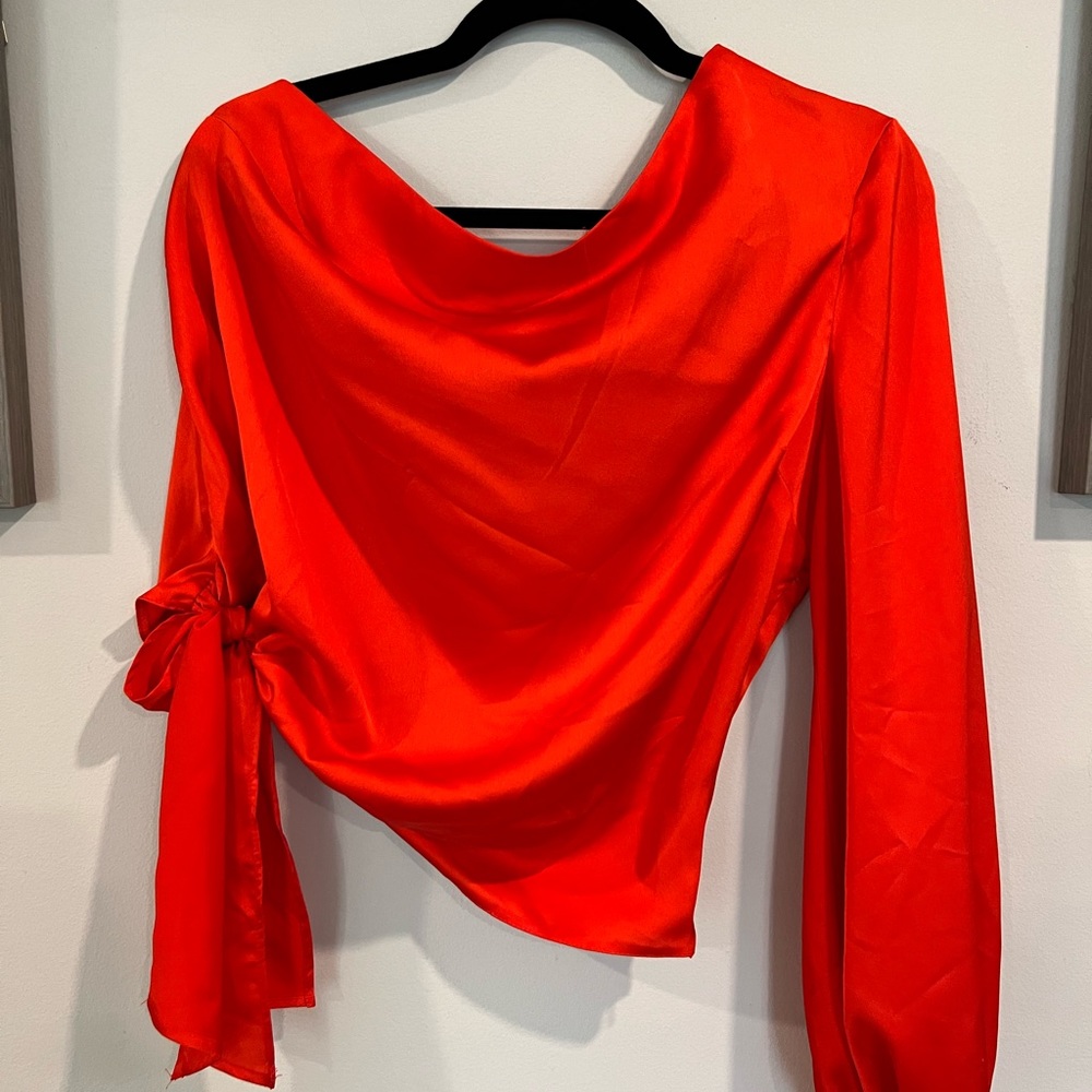ASOS - Red Satin One Shoulder Blouse with Bow Detail